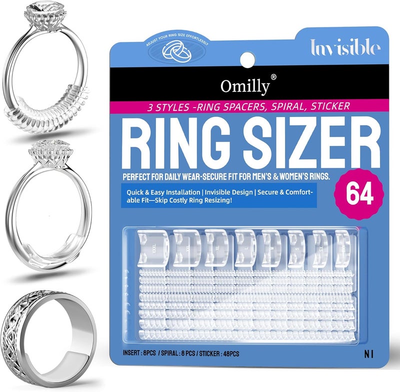 Omilly Ring Sizer Adjuster for Loose Rings, 64-Piece Set with 3 Types (Spiral Coils, Ring Guards, Sizing Strips) Fits Ring Widths 1-10mm, Invisible Resizing Solution for Women & Men - Image 1